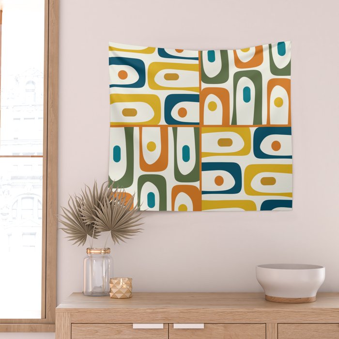 Mid Century Modern Abstract Piquet Multi Pattern in Moroccan Mustard Olive Blue Orange Cream Wall Tapestry Gallery Image 2