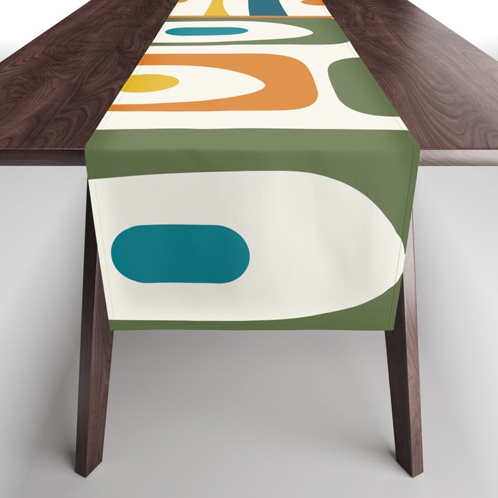 Mid Century Modern Abstract Piquet Multi Pattern in Moroccan Mustard Olive Blue Orange Cream Table Runner Gallery Image 1