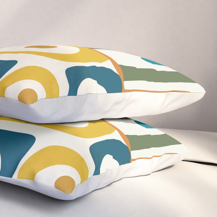 Mid Century Modern Abstract Piquet Multi Pattern in Moroccan Mustard Olive Blue Orange Cream Pillow Sham Gallery Image 3