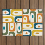 Mid Century Modern Abstract Piquet Multi Pattern in Moroccan Mustard Olive Blue Orange Cream Outdoor Rug Gallery Image 1