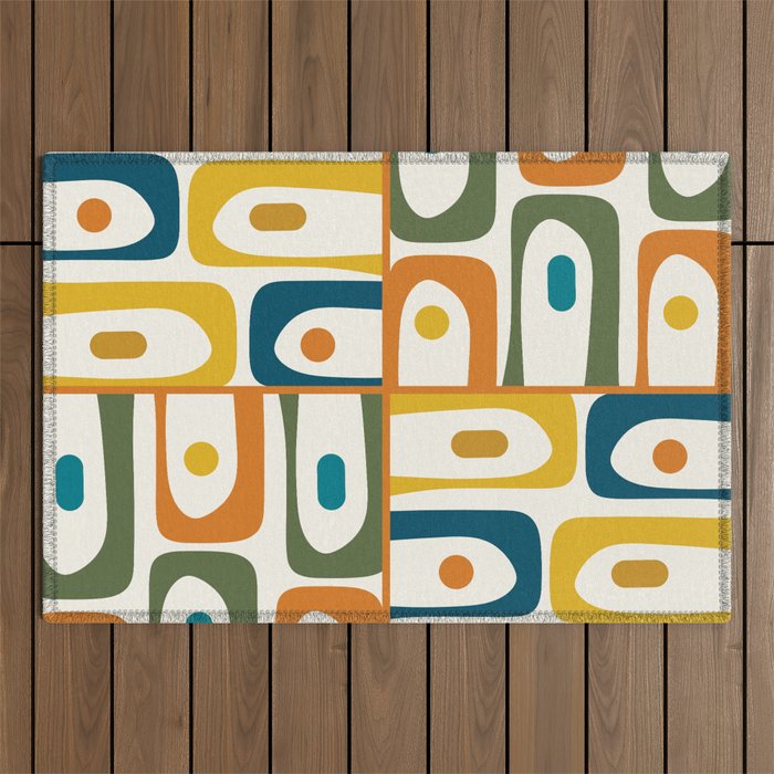 Mid Century Modern Abstract Piquet Multi Pattern in Moroccan Mustard Olive Blue Orange Cream Outdoor Rug Gallery Image 1