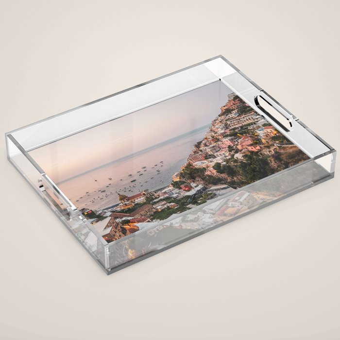 Positano by Night - Italy Europe Travel Photography - Nautical Amalfi Photo Art Print - Pastel Color Acrylic Tray Gallery Image 1