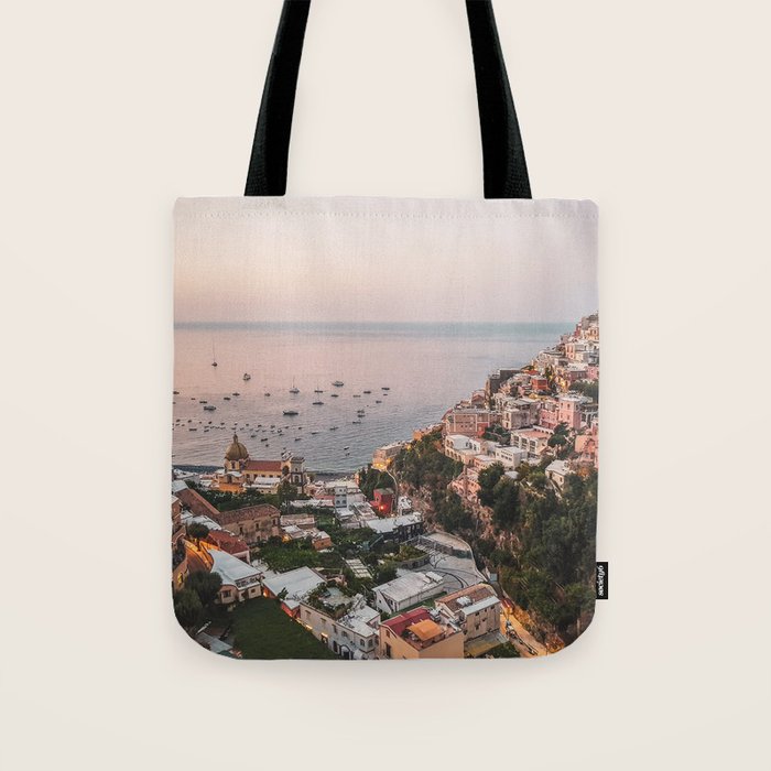 Positano by Night - Italy Europe Travel Photography - Nautical Amalfi Photo Art Print - Pastel Color Tote Bag Gallery Image 1