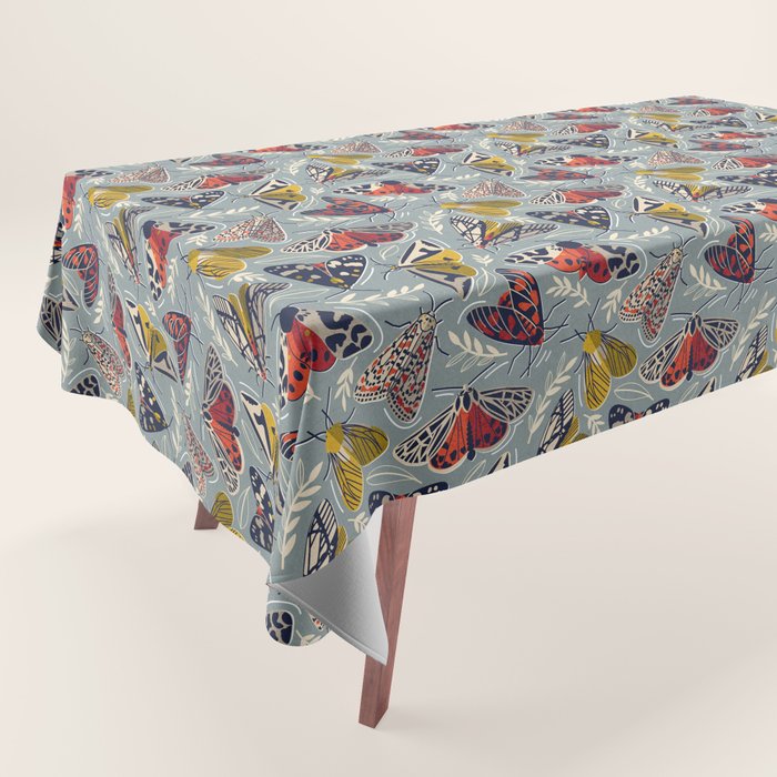 Quirky beautiful moths // morning blue textured background oxford navy blue ivory yellow and red tiger moth insects Tablecloth Gallery Image 1