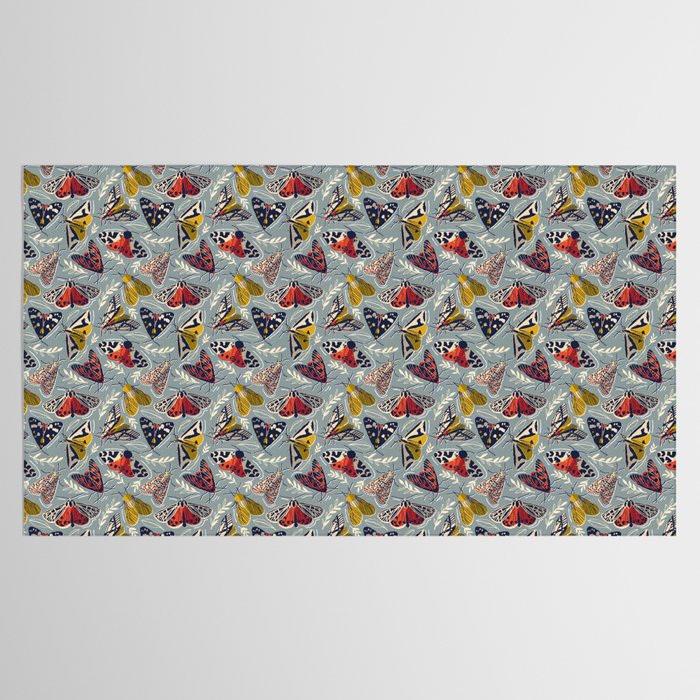 Quirky beautiful moths // morning blue textured background oxford navy blue ivory yellow and red tiger moth insects Tablecloth Gallery Image 2