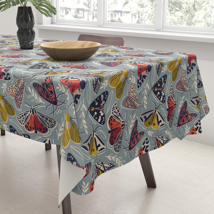 Quirky beautiful moths // morning blue textured background oxford navy blue ivory yellow and red tiger moth insects Tablecloth Gallery Image 3