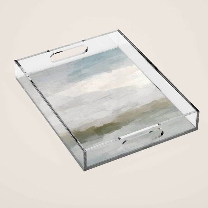 Break in the Weather I - Gray Blue Sage Green Sunrise Abstract Nature Ocean Painting Art Print Acrylic Tray Gallery Image 1