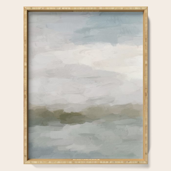 Break in the Weather I - Gray Blue Sage Green Sunrise Abstract Nature Ocean Painting Art Print Serving Tray Gallery Image 1
