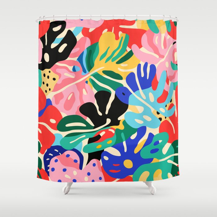 Colorful tropical plant leaves art pattern Shower Curtain Gallery Image 1