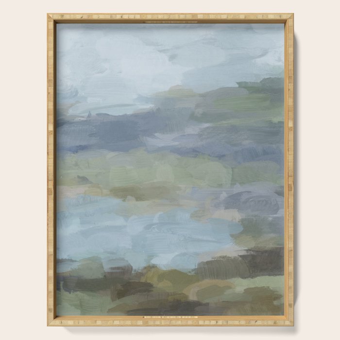 Summer at the Lake II - Sky Gray Blue Sage Green Abstract Wall Art, Painting Nature Print Portrait Serving Tray Gallery Image 1