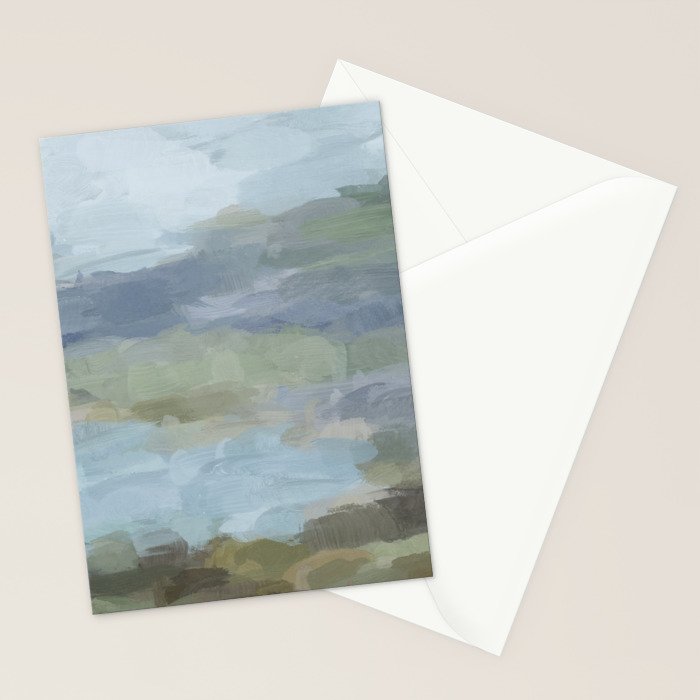 Summer at the Lake II - Sky Gray Blue Sage Green Abstract Wall Art, Painting Nature Print Portrait Stationery Card Gallery Image 2