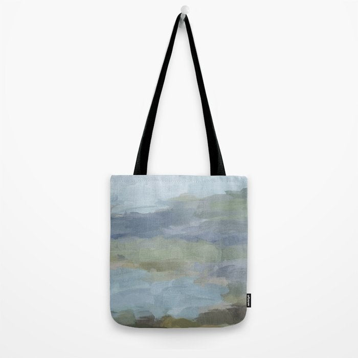 Summer at the Lake II - Sky Gray Blue Sage Green Abstract Wall Art, Painting Nature Print Portrait Tote Bag Gallery Image 2