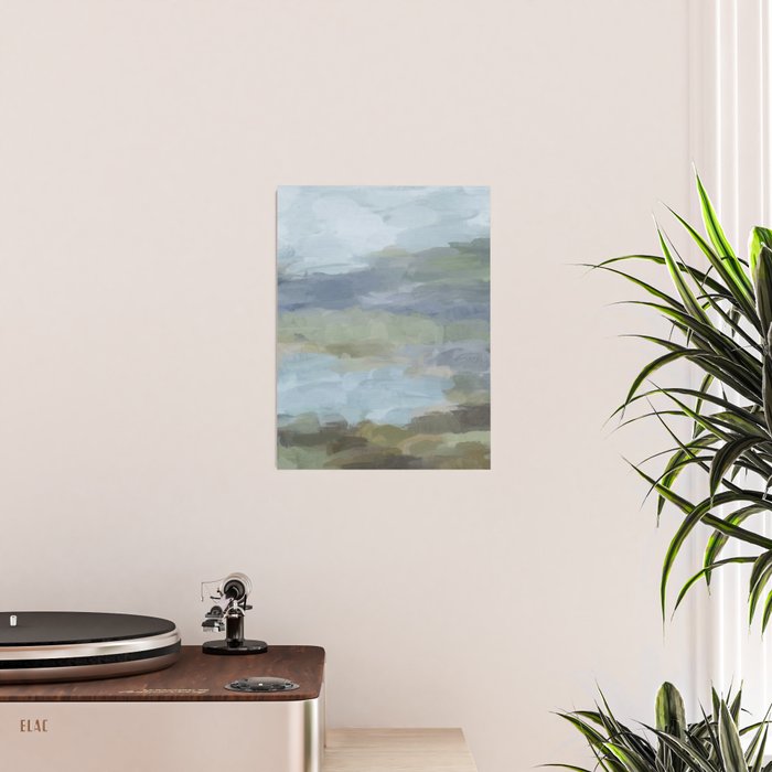 Summer at the Lake II - Sky Gray Blue Sage Green Abstract Wall Art, Painting Nature Print Portrait Poster Gallery Image 2