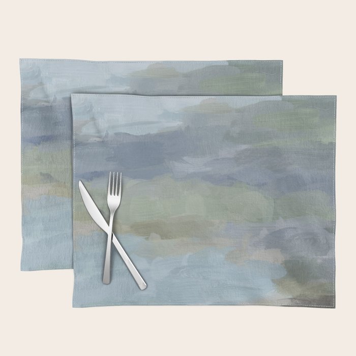 Summer at the Lake II - Sky Gray Blue Sage Green Abstract Wall Art, Painting Nature Print Portrait Placemat Gallery Image 1
