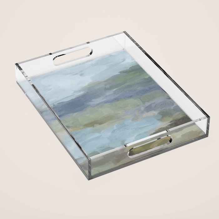 Summer at the Lake II - Sky Gray Blue Sage Green Abstract Wall Art, Painting Nature Print Portrait Acrylic Tray Gallery Image 1