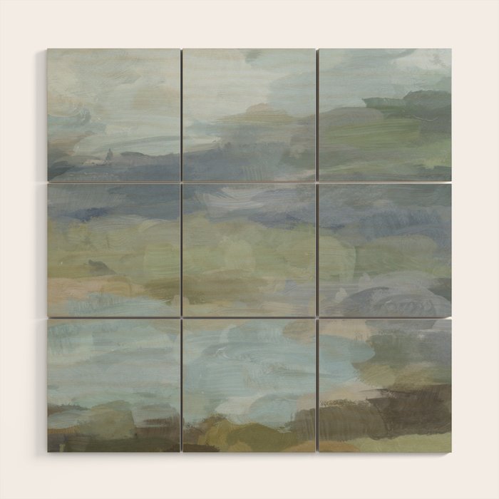 Summer at the Lake II - Sky Gray Blue Sage Green Abstract Wall Art, Painting Nature Print Portrait Wood Wall Art Gallery Image 1