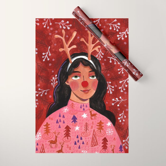 Festive groovy retro holiday woman portrait Wrapping Paper Gallery Image 1
