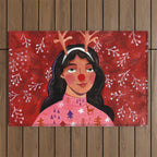Festive groovy retro holiday woman portrait Outdoor Rug Gallery Image 1