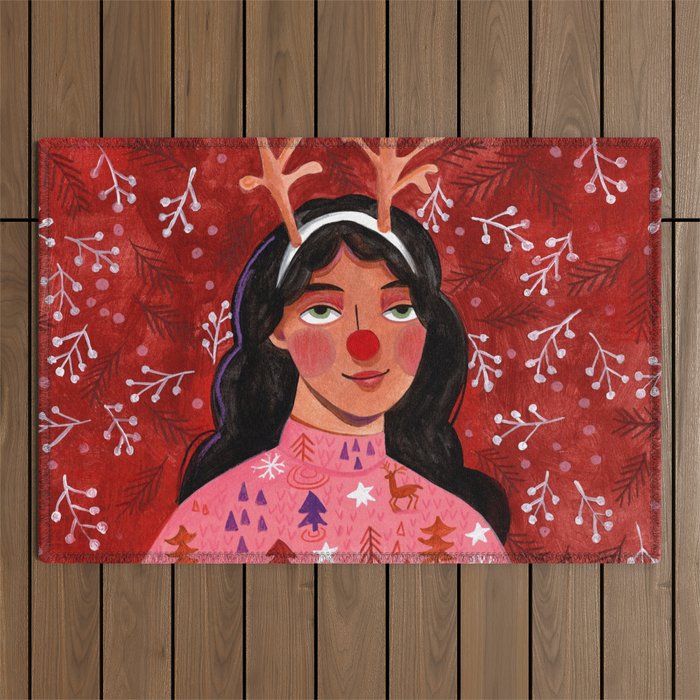 Festive groovy retro holiday woman portrait Outdoor Rug Gallery Image 1