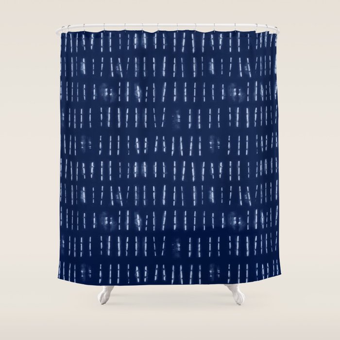 White stripes over blue shibori tie dye pattern Shower Curtain Gallery Image 1