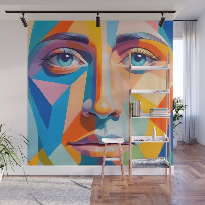 Face, Abstract Human Geometric Eclectic, Expressions Eyes Lips People, Bohemian Pop of Color Maximalism Wall Mural Gallery Image 1
