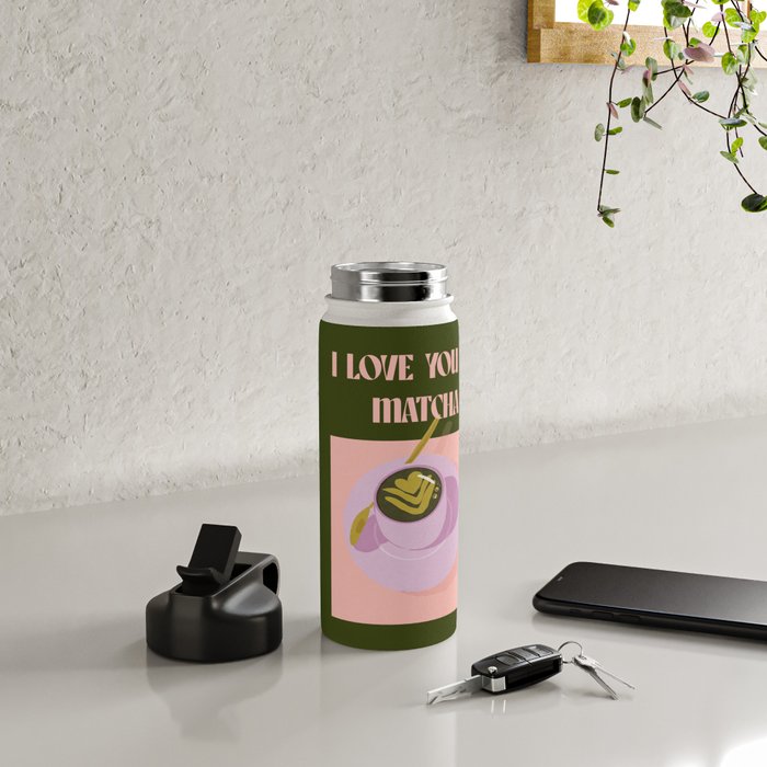 I love you so matcha - a matcha latte illustration in forest green and pink Water Bottle Gallery Image 4