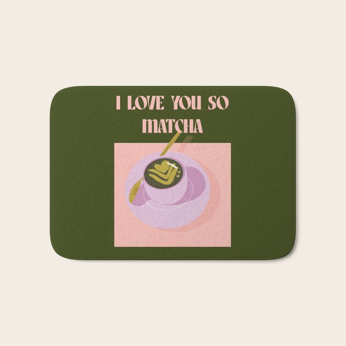 I love you so matcha - a matcha latte illustration in forest green and pink Bath Mat Gallery Image 1