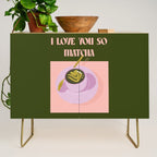 I love you so matcha - a matcha latte illustration in forest green and pink Credenza Gallery Image 1