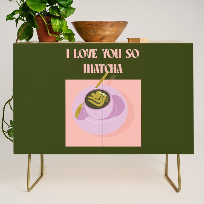 I love you so matcha - a matcha latte illustration in forest green and pink Credenza Gallery Image 1