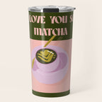 I love you so matcha - a matcha latte illustration in forest green and pink Travel Mug Gallery Image 1