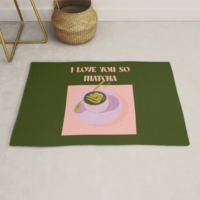 I love you so matcha - a matcha latte illustration in forest green and pink Rug Gallery Image 1