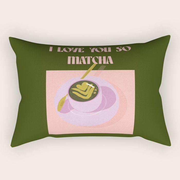 I love you so matcha - a matcha latte illustration in forest green and pink Rectangular Pillow Gallery Image 1