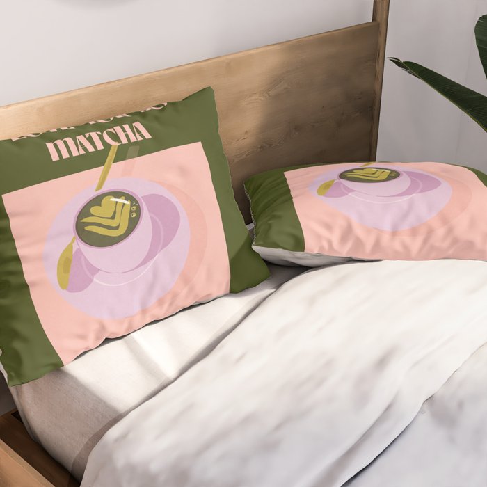 I love you so matcha - a matcha latte illustration in forest green and pink Pillow Sham Gallery Image 2
