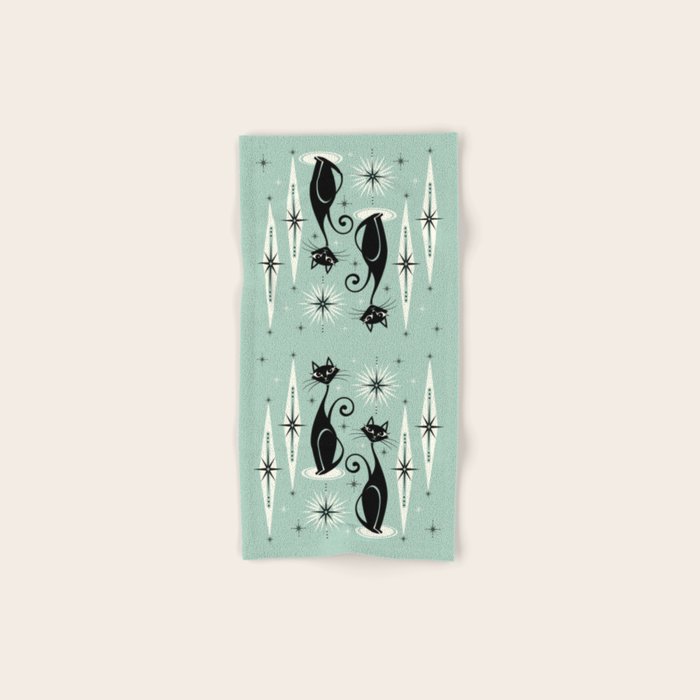 Mid Century Meow Retro Atomic Cats Mint Bath Towel Gallery Image 1