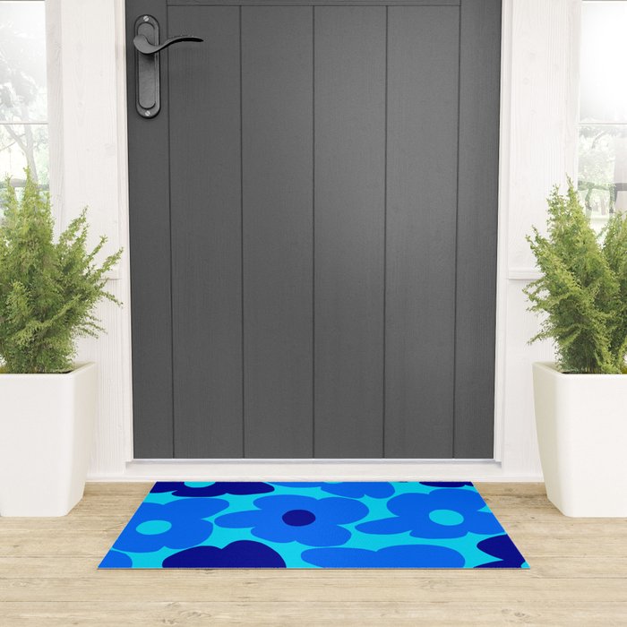 Blue Retro Flowers Pastel Blue Background #decor #society6 #buyart Welcome Mat Gallery Image 3