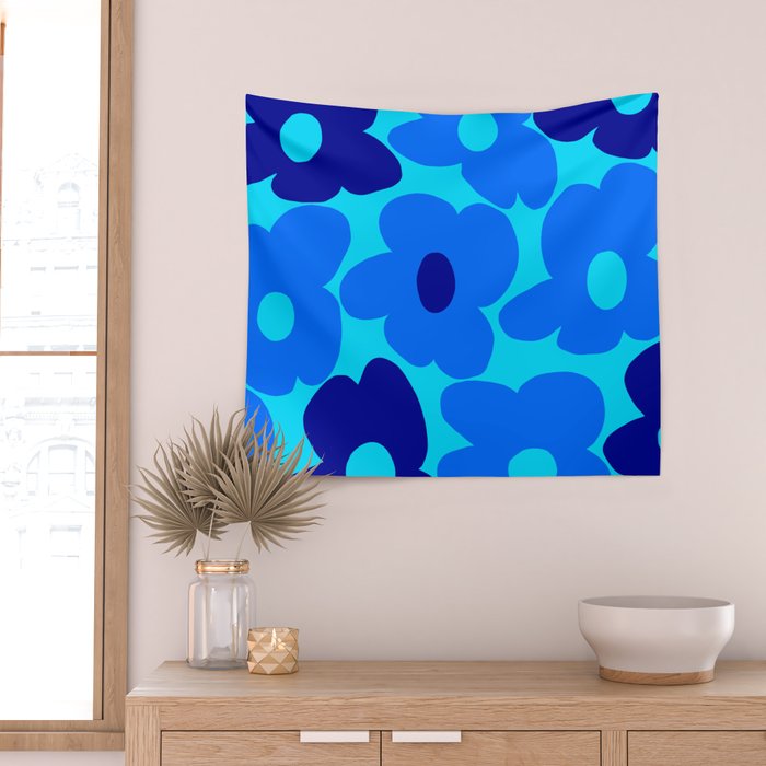 Blue Retro Flowers Pastel Blue Background #decor #society6 #buyart Wall Tapestry Gallery Image 2