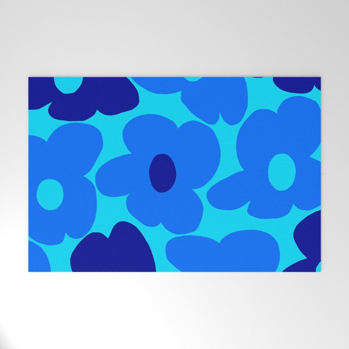 Blue Retro Flowers Pastel Blue Background #decor #society6 #buyart Welcome Mat Gallery Image 1