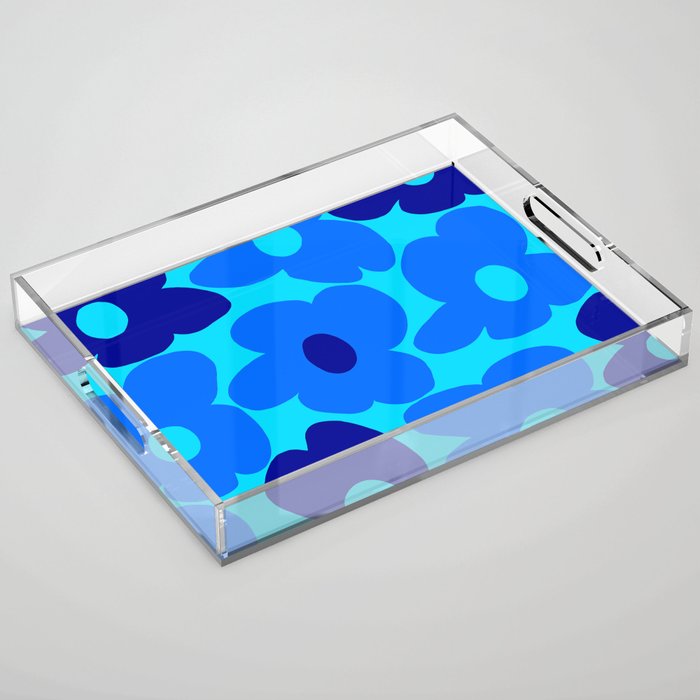 Blue Retro Flowers Pastel Blue Background #decor #society6 #buyart Acrylic Tray Gallery Image 1