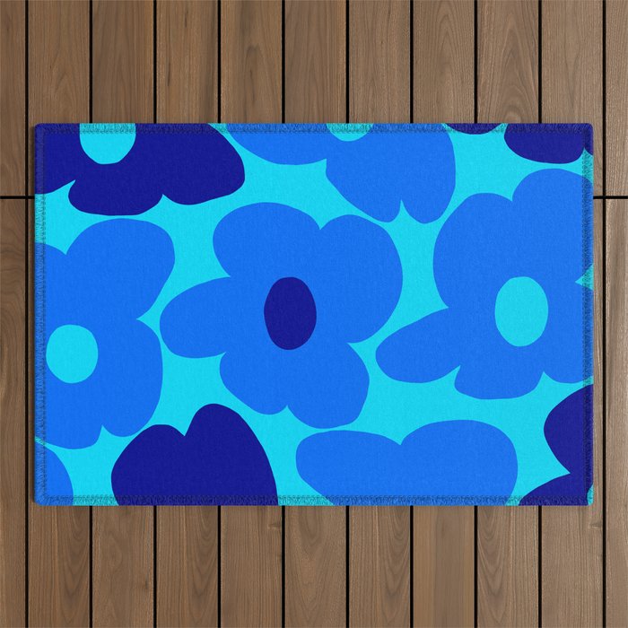 Blue Retro Flowers Pastel Blue Background #decor #society6 #buyart Outdoor Rug Gallery Image 1