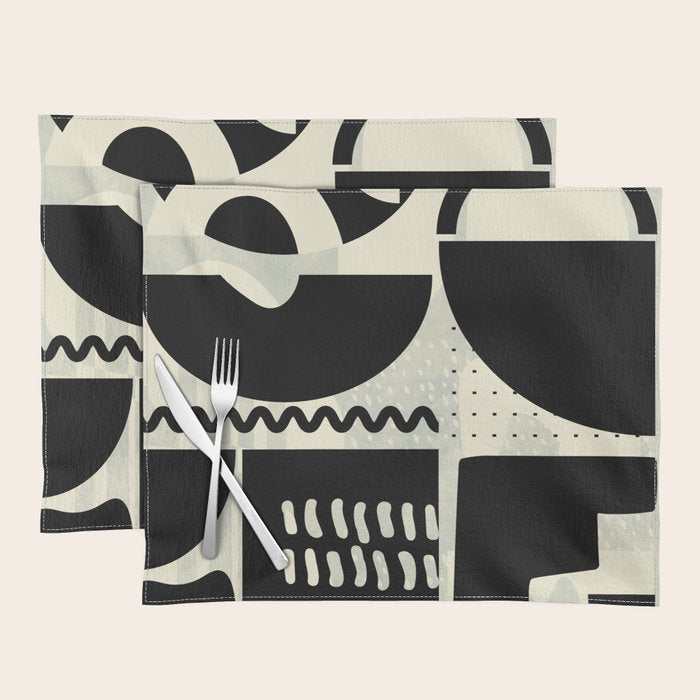 mid century shapes black white abstract art Placemat Gallery Image 1