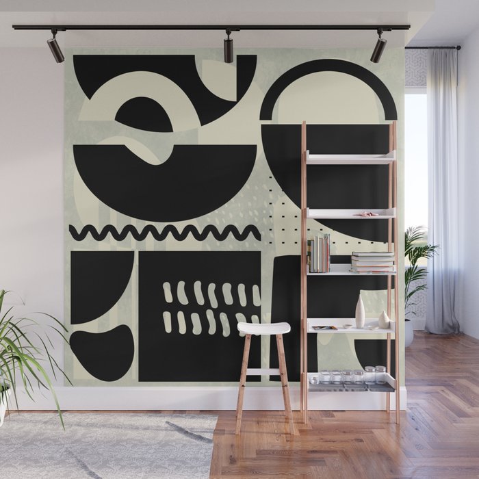 mid century shapes black white abstract art Wall Mural Gallery Image 1