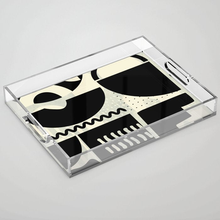 mid century shapes black white abstract art Acrylic Tray Gallery Image 1