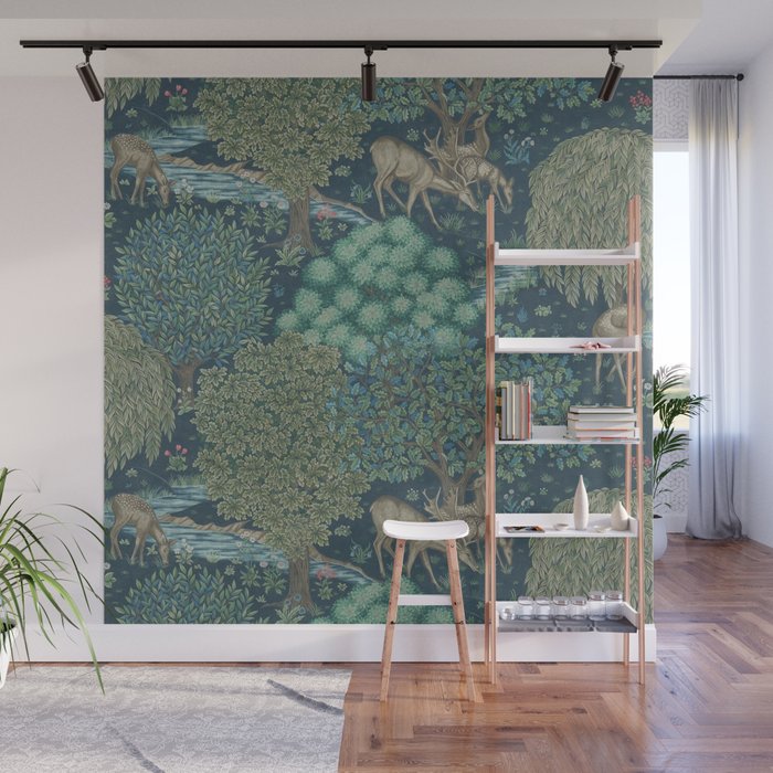 William Morris The Brook Dark Blue Woodland Wall Mural Gallery Image 1