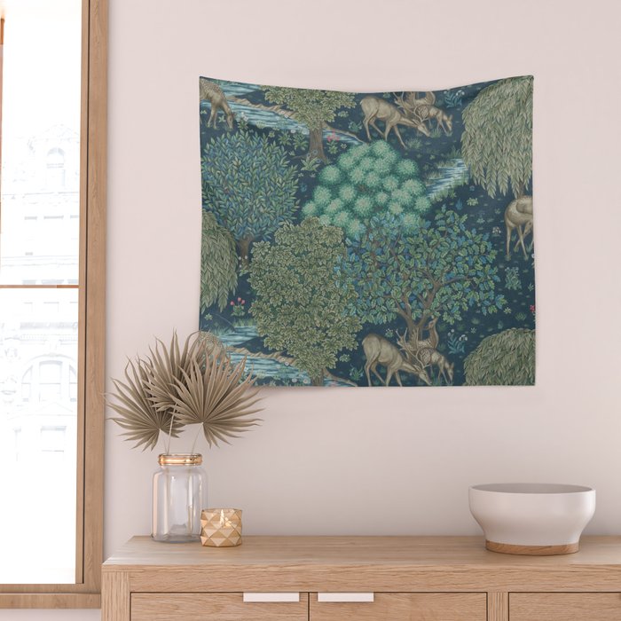 William Morris The Brook Dark Blue Woodland Wall Tapestry Gallery Image 2