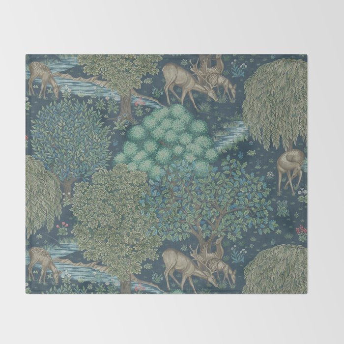 William Morris The Brook Dark Blue Woodland Throw Blanket Gallery Image 2