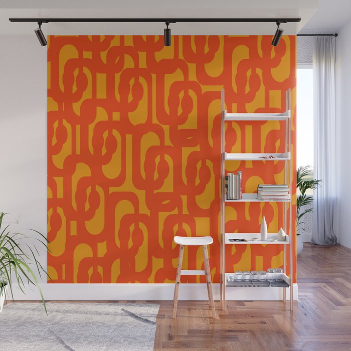 Mid Century Modern Loop Abstract Orange Yellow Pattern Wall Mural Gallery Image 1