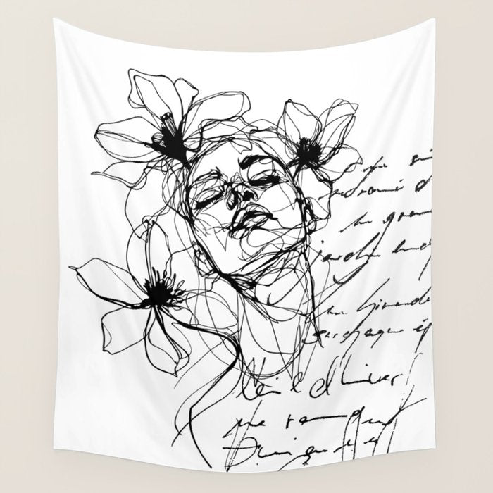 Imperfect Beauty Expressive Line Art Portrait  Wall Tapestry Gallery Image 4