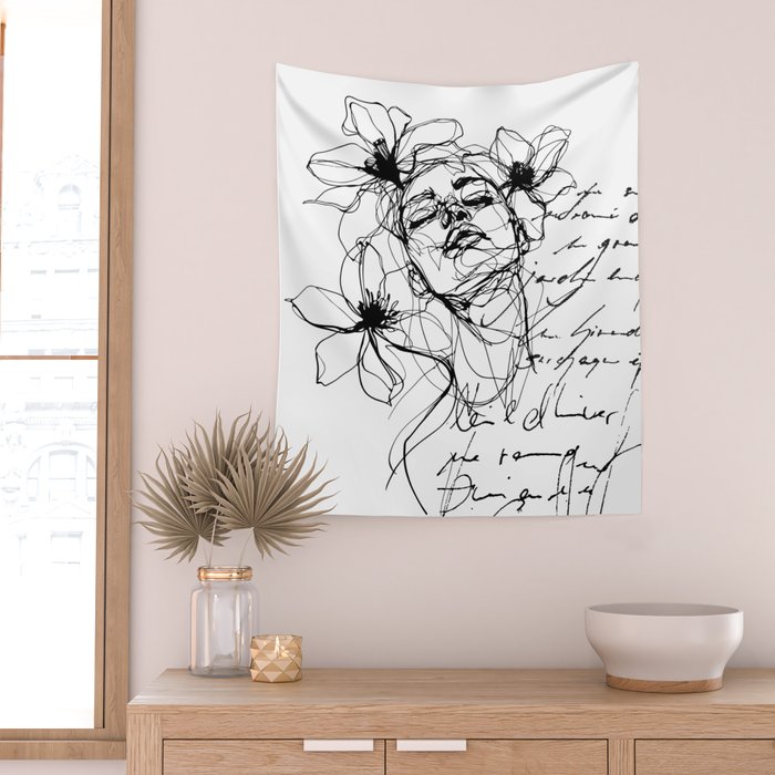 Imperfect Beauty Expressive Line Art Portrait  Wall Tapestry Gallery Image 2