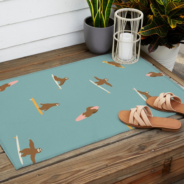 Surfing Sloth in Blue Outdoor Rug Gallery Image 2