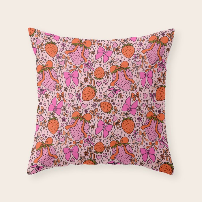 Strawberries and Bows Print Throw Pillow Gallery Image 1